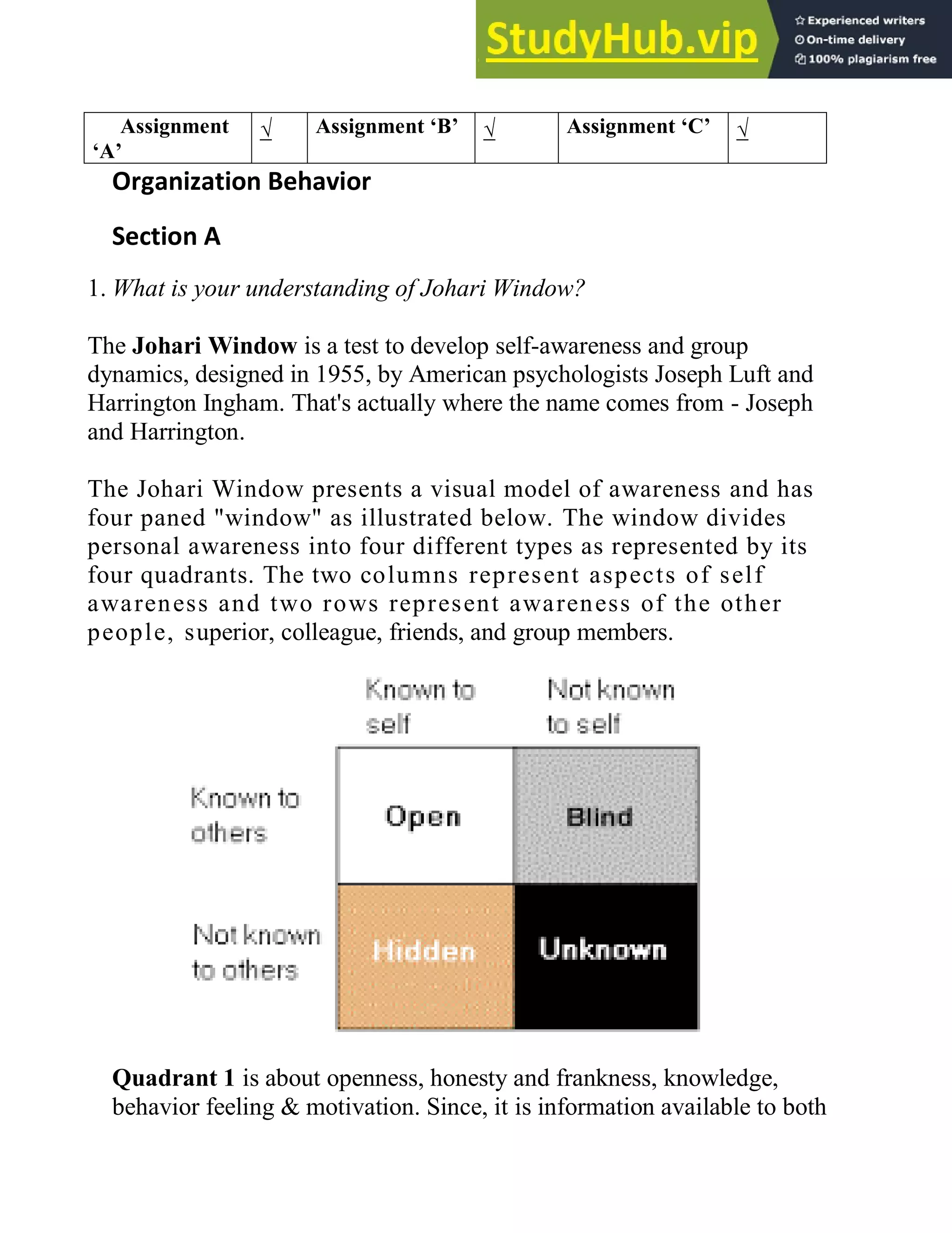 Assignment
‘A’
√ Assignment ‘B’ √ Assignment ‘C’ √
Organization Behavior
Section A
1. What is your understanding of Johari Window?
The Johari Window is a test to develop self-awareness and group
dynamics, designed in 1955, by American psychologists Joseph Luft and
Harrington Ingham. That's actually where the name comes from - Joseph
and Harrington.
The Johari Window presents a visual model of awareness and has
four paned "window" as illustrated below. The window divides
personal awareness into four different types as represented by its
four quadrants. The two columns represent aspects of self
awareness and two rows represent awareness of the other
people, superior, colleague, friends, and group members.
Quadrant 1 is about openness, honesty and frankness, knowledge,
behavior feeling & motivation. Since, it is information available to both
 
