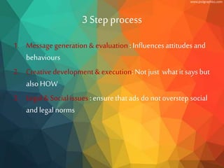 3 Stepprocess
1. Message generation& evaluation : Influencesattitudesand
behaviours
2. Creative development & execution:Not just whatit says but
also HOW
3. Legal & Social issues : ensurethatads do not overstep social
and legal norms
 