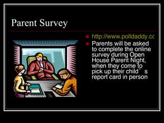Parent Survey http://www.polldaddy.com/s/EDD6D7B01B1A6494/ Parents will be asked to complete the online survey during Open House Parent Night, when they come to pick up their child’s report card in person 