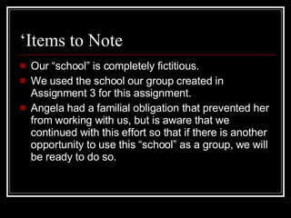 ‘Items to Note Our “school” is completely fictitious. We used the school our group created in Assignment 3 for this assignment. Angela had a familial obligation that prevented her from working with us, but is aware that we continued with this effort so that if there is another opportunity to use this “school” as a group, we will be ready to do so. 