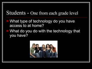 Students -  One from each grade level What type of technology do you have access to at home? What do you do with the technology that you have? 