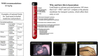 WHO recommendations-
10 mg/kg
Examples of national limits
for lead metal in herbal
medicines and products
Why and how this is hazaradous
Lead binds to calcium-activated proteins 105 times
than Ca2+ • Pb2+ and Ca2+ compete at the plasma
membrane for transport systems, which affect their
entry or exit
 