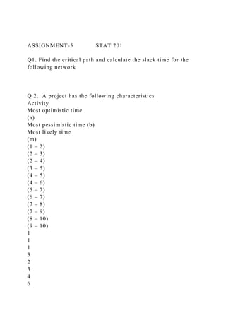 ASSIGNMENT-5 STAT 201
Q1. Find the critical path and calculate the slack time for the
following network
Q 2. A project has the following characteristics
Activity
Most optimistic time
(a)
Most pessimistic time (b)
Most likely time
(m)
(1 – 2)
(2 – 3)
(2 – 4)
(3 – 5)
(4 – 5)
(4 – 6)
(5 – 7)
(6 – 7)
(7 – 8)
(7 – 9)
(8 – 10)
(9 – 10)
1
1
1
3
2
3
4
6
 