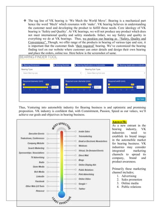 9
 The tag line of VK bearing is ‘We Mech the World Move’. Bearing is a mechanical part
hence the word ‘Mech’ which resonates with ‘make’. VK bearing believes in understanding
the customer need and developing the product to fulfill those needs. Core ideology of VK
bearing is ‘Safety and Quality’. At VK bearings, we will not produce any product which does
not meet international quality and safety standards. Infact, we say Safety and quality in
everything we do at VK bearings. Thus, we position our bearing as “Safety, Quality and
Convenience”. Though, we offer range of the products in bearing of various type and size, it
is important that the customer finds ‘their required’ bearing. We’ve customized the bearing
finding tool on our website where customer can enter details and design their own bearing
and place the orders, online too. Here below is the screenshot of same.
Thus, Venturing into automobile industry for Bearing business is and optimistic and promising
proposition. VK industry is confident that, with Commitment, Passion, Speed as our values, we’ll
achieve our goals and objectives in bearing business.
Answer3b:
As a new entrant in the
bearing industry, VK
industries need to
establish its brand image
in the automobile market
for bearing business. VK
industries may consider
integrated marketing
channels to spread its
company, brand and
product awareness.
Primarily these marketing
channel includes;
1. Advertising
2. Sales promotion
3. Online media
4. Public relations
 