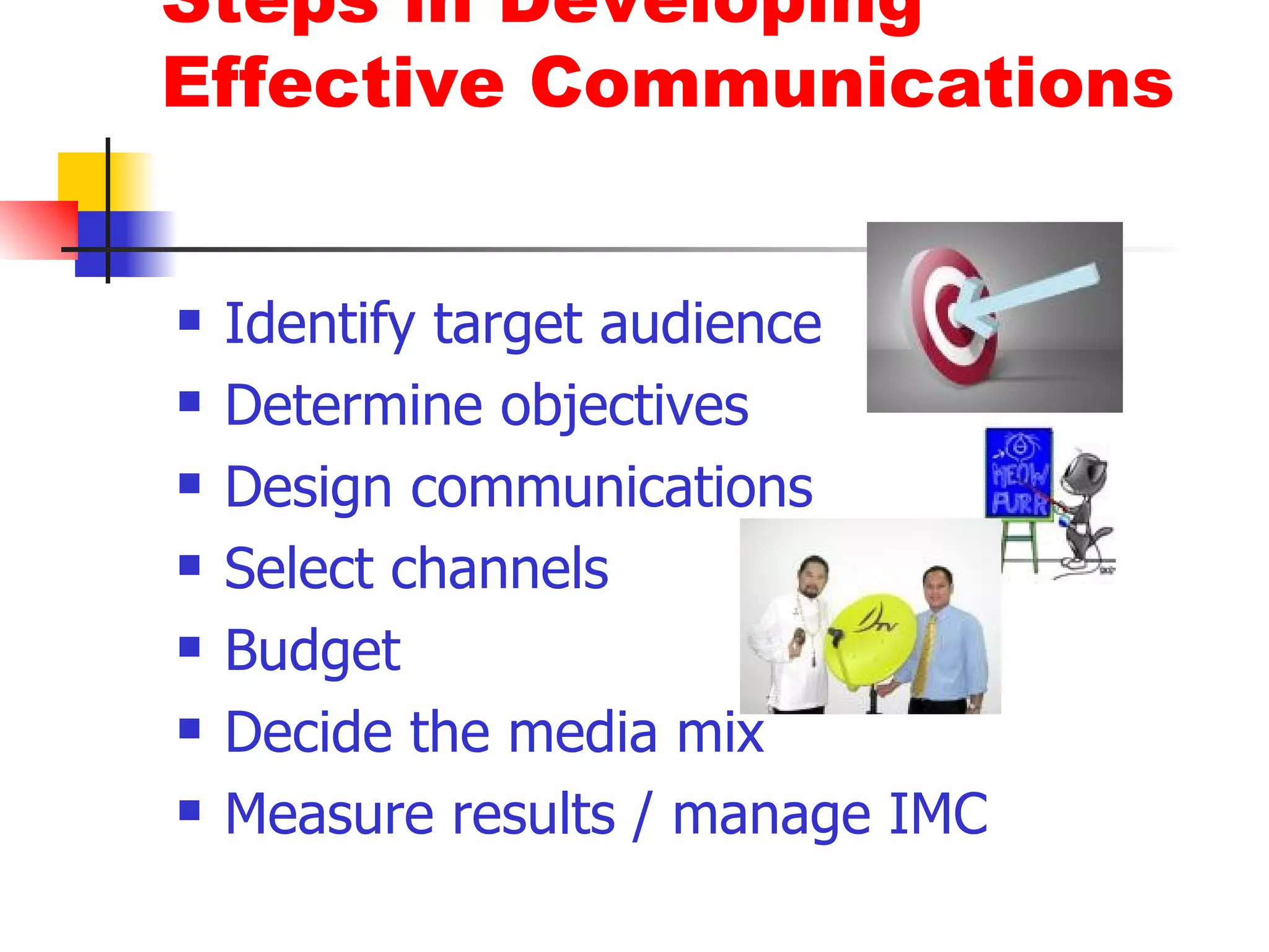 Steps in Developing Effective Communications Identify target audience Determine objectives Design communications Select channels Budget Decide the media mix Measure results / manage IMC 