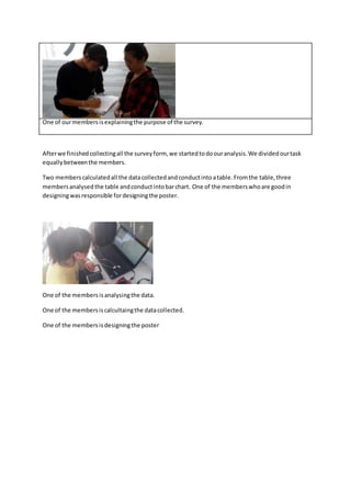 One of ourmembers isexplainingthe purpose of the survey.
Afterwe finishedcollectingall the surveyform, we startedtodoouranalysis.We dividedourtask
equallybetweenthe members.
Two memberscalculatedall the datacollectedandconductintoatable.Fromthe table, three
membersanalysed the table andconductintobarchart. One of the memberswhoare goodin
designingwasresponsible fordesigningthe poster.
One of the membersisanalysingthe data.
One of the membersiscalcultaingthe datacollected.
One of the membersisdesigningthe poster
 