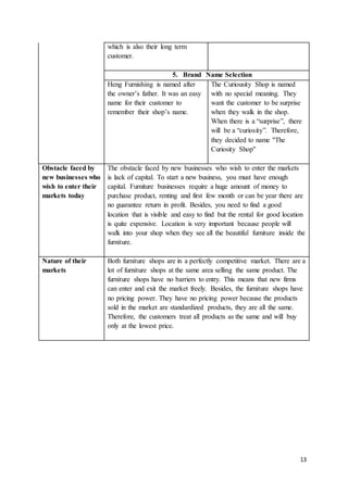 13
which is also their long term
customer.
5. Brand Name Selection
Heng Furnishing is named after
the owner’s father. It was an easy
name for their customer to
remember their shop’s name.
The Curiousity Shop is named
with no special meaning. They
want the customer to be surprise
when they walk in the shop.
When there is a “surprise”, there
will be a “curiosity”. Therefore,
they decided to name ''The
Curiosity Shop''
Obstacle faced by
new businesses who
wish to enter their
markets today
The obstacle faced by new businesses who wish to enter the markets
is lack of capital. To start a new business, you must have enough
capital. Furniture businesses require a huge amount of money to
purchase product, renting and first few month or can be year there are
no guarantee return in profit. Besides, you need to find a good
location that is visible and easy to find but the rental for good location
is quite expensive. Location is very important because people will
walk into your shop when they see all the beautiful furniture inside the
furniture.
Nature of their
markets
Both furniture shops are in a perfectly competitive market. There are a
lot of furniture shops at the same area selling the same product. The
furniture shops have no barriers to entry. This means that new firms
can enter and exit the market freely. Besides, the furniture shops have
no pricing power. They have no pricing power because the products
sold in the market are standardized products, they are all the same.
Therefore, the customers treat all products as the same and will buy
only at the lowest price.
 