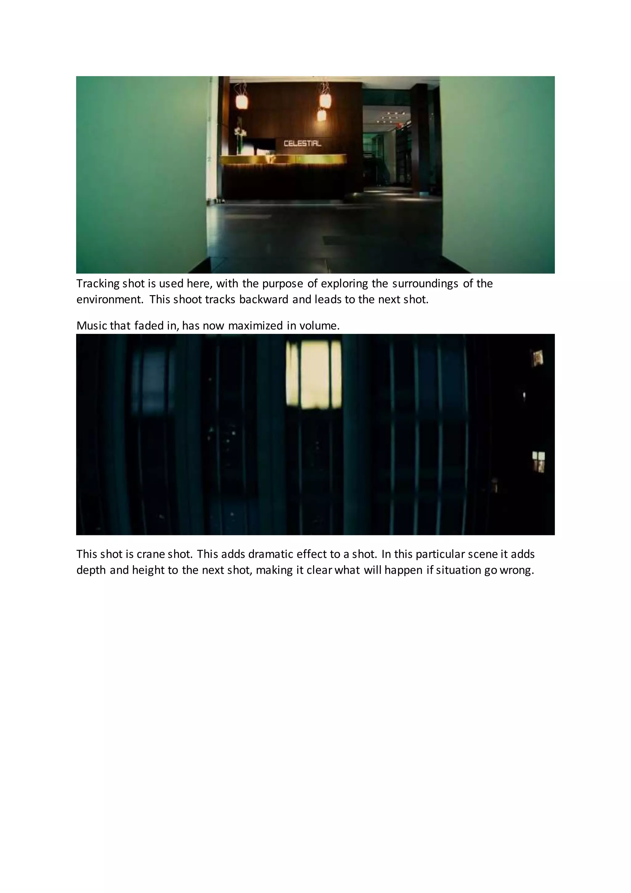 Tracking shot is used here, with the purpose of exploring the surroundings of the
environment. This shoot tracks backward and leads to the next shot.
Music that faded in, has now maximized in volume.
This shot is crane shot. This adds dramatic effect to a shot. In this particular scene it adds
depth and height to the next shot, making it clear what will happen if situation go wrong.
 