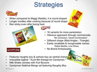 Strategies
• When compared to Maggi (Nestle), it is round shaped
• Longer noodles after cooking because of round shape
• Non sticky even after losing heat.
• 16 variants for more penetration.
• Hilarious approach through commercials.
No Confusion, Great Combination!
• Different shape (Mad Angles - Triangle)
• Easily recallable & recognisable names.
Tedhe Medhe, Live Wires
• No Brand Ambassador
• Features naughty boy & cartoon boy as central characters.
• Irresistible tagline " Kuch Bhi Karega for Candyman "
• Milk Shake candies with fruit flavours
• Candyman Natkhat Mango ad featuring Naughty Boy
•
3/13/2014 12Group 3
 
