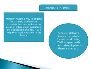 Malcolm NEEDS a way to engage
the parents, students and
associate teachers to focus on
creating interest and passion in
their education and how it will
help their work situation in the
future.
PROBLEM STATEMENT
Because Malcolm
knows that when
focused and caring
TIME is spent with
the student & parent
there is success.
 