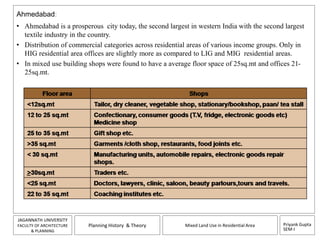 Ahmedabad: 
• Ahmedabad is a prosperous city today, the second largest in western India with the second largest 
• Distribution of commercial categories across residential areas of various income groups. Only in 
HIG residential area offices are slightly more as compared to LIG and MIG residential areas. 
• In mixed use building shops were found to have a average floor space of 25sq.mt and offices 21- 
Priyank Gupta 
SEM-I 
textile industry in the country. 
JAGANNATH UNIVERSITY 
FACULTY OF ARCHITECTURE 
& PLANNING 
Planning History & Theory Mixed Land Use in Residential Area 
25sq.mt. 
 