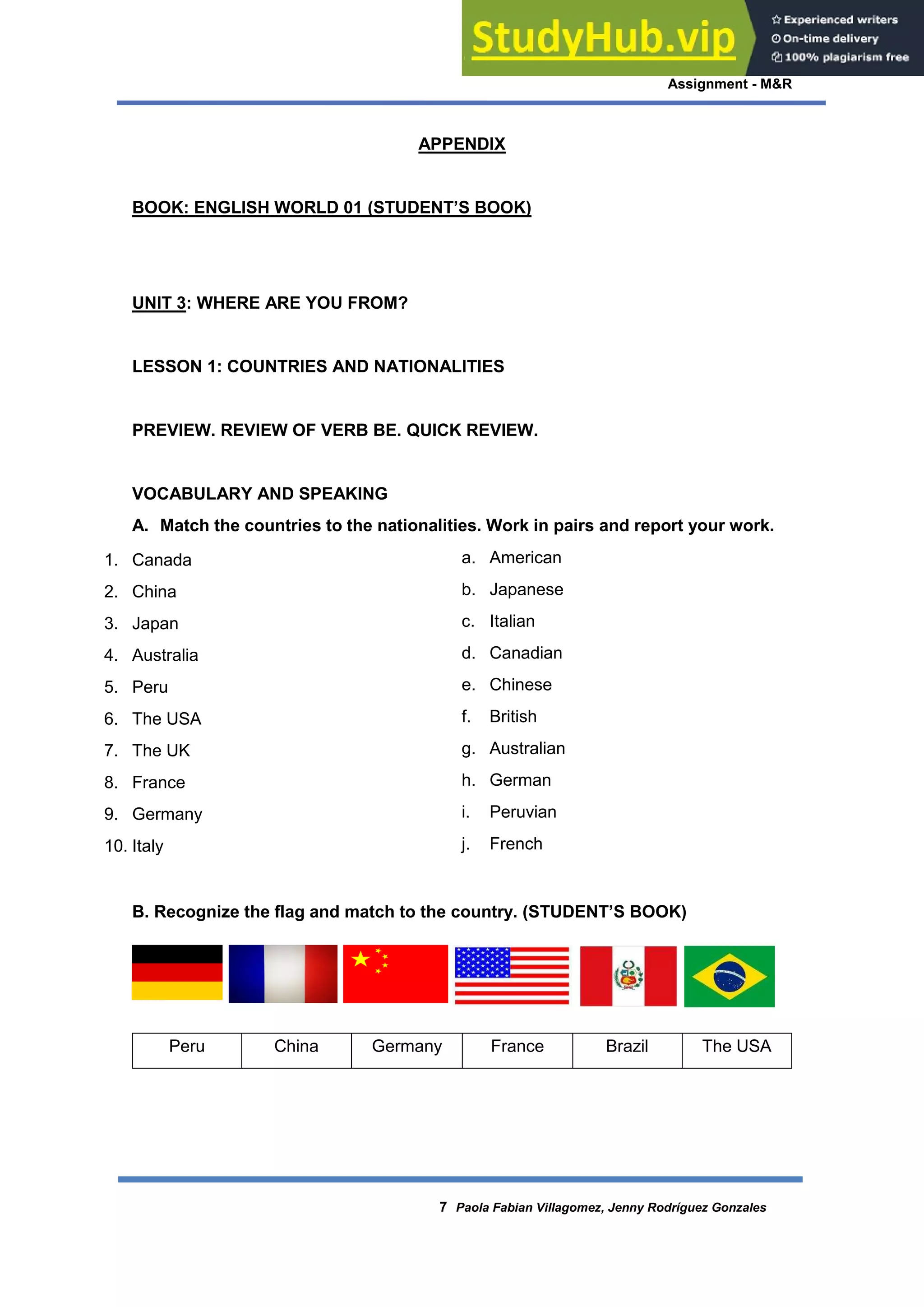 Assignment - M&R
7 Paola Fabian Villagomez, Jenny Rodríguez Gonzales
APPENDIX
BOOK: ENGLISH WORLD 01 (STUDENT’S BOOK)
UNIT 3: WHERE ARE YOU FROM?
LESSON 1: COUNTRIES AND NATIONALITIES
PREVIEW. REVIEW OF VERB BE. QUICK REVIEW.
VOCABULARY AND SPEAKING
A. Match the countries to the nationalities. Work in pairs and report your work.
1. Canada
2. China
3. Japan
4. Australia
5. Peru
6. The USA
7. The UK
8. France
9. Germany
10. Italy
a. American
b. Japanese
c. Italian
d. Canadian
e. Chinese
f. British
g. Australian
h. German
i. Peruvian
j. French
B. Recognize the flag and match to the country. (STUDENT’S BOOK)
Peru China Germany France Brazil The USA
 