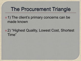 1) The client’s primary concerns can be
made known
2) “Highest Quality, Lowest Cost, Shortest
Time”
 