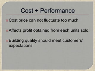 Cost price can not fluctuate too much
Affects profit obtained from each units sold
Building quality should meet customers’
expectations
 