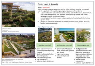 Green roofs & Biowalls
What is green roof?
Green roofs also known as ‘vegetated roofs’ or ‘living roofs’ are roofs that are covered
entirely or partially with vegetation growing over a waterproof membrane.
 A green roof system is an extension of the existing roof which involves, at a minimum,
high quality waterproofing, root repellent system, drainage system, filter cloth, a
lightweight growing medium, and plants.
 Provide habitats for plants, insects, and animals that otherwise have limited natural
space in cities.
 Designs are site specific depending on climatic conditions, slope, access, structural
capacity and intended usage.
Types of green roof system:
Camelview Village
David Hovey
Scottsdale, Arizona, United States
Los Angeles Museum of the Holocaust
Belzberg Architects
Pan Pacific Park, Los Angeles, California, United States
Extensive green roof
 Green protection layer for
roofs with little load-bearing
capacity.
 Shallow soil suitable for less
demanding plants.
 Self regenerating plants.
 Low maintenance
 Substrate depth: 60-120mm
Semi intensive green roof Intensive green roof
 Green roof with deeper
soils, planted with grasses
and shrubs
 higher maintenance
 Substrate depth:120-
250mm
 Roof garden with
permanent irrigation and
deep soils, suitable for
lawns, shrubs, and trees,
walkways, and even
playgrounds and pools.
 Regular/Highest
maintenance
 Substrate depth:150-400mm
 