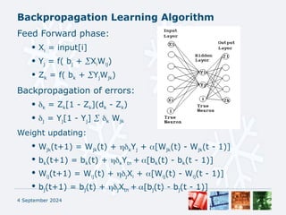 Backpropagation Learning Algorithm
4 September 2024
Feed Forward phase:
• Xi = input[i]
• Yj = f( bj + XiWij)
• Zk = f( bk + YjWjk)
Backpropagation of errors:
• k = Zk[1 - Zk](dk - Zk)
• j = Yj[1 - Yj]  k Wjk
Weight updating:
• Wjk(t+1) = Wjk(t) + kYj + [Wjk(t) - Wjk(t - 1)]
• bk(t+1) = bk(t) + kYtn + [bk(t) - bk(t - 1)]
• Wij(t+1) = Wij(t) + jXi + [Wij(t) - Wij(t - 1)]
• bj(t+1) = bj(t) + jXtn + [bj(t) - bj(t - 1)]
 