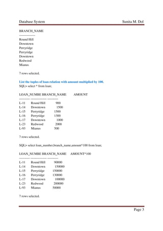 Database System Sunita M. Dol
Page 3
BRANCH_NAME
---------------
Round Hill
Downtown
Perryridge
Perryridge
Downtown
Redwood
Mianus
7 rows selected.
List the tuples of loan relation with amount multiplied by 100.
SQL> select * from loan;
LOAN_NUMBE BRANCH_NAME AMOUNT
---------- --------------- ----------
L-11 Round Hill 900
L-14 Downtown 1500
L-15 Perryridge 1500
L-16 Perryridge 1300
L-17 Downtown 1000
L-23 Redwood 2000
L-93 Mianus 500
7 rows selected.
SQL> select loan_number,branch_name,amount*100 from loan;
LOAN_NUMBE BRANCH_NAME AMOUNT*100
---------- --------------- ----------
L-11 Round Hill 90000
L-14 Downtown 150000
L-15 Perryridge 150000
L-16 Perryridge 130000
L-17 Downtown 100000
L-23 Redwood 200000
L-93 Mianus 50000
7 rows selected.
 