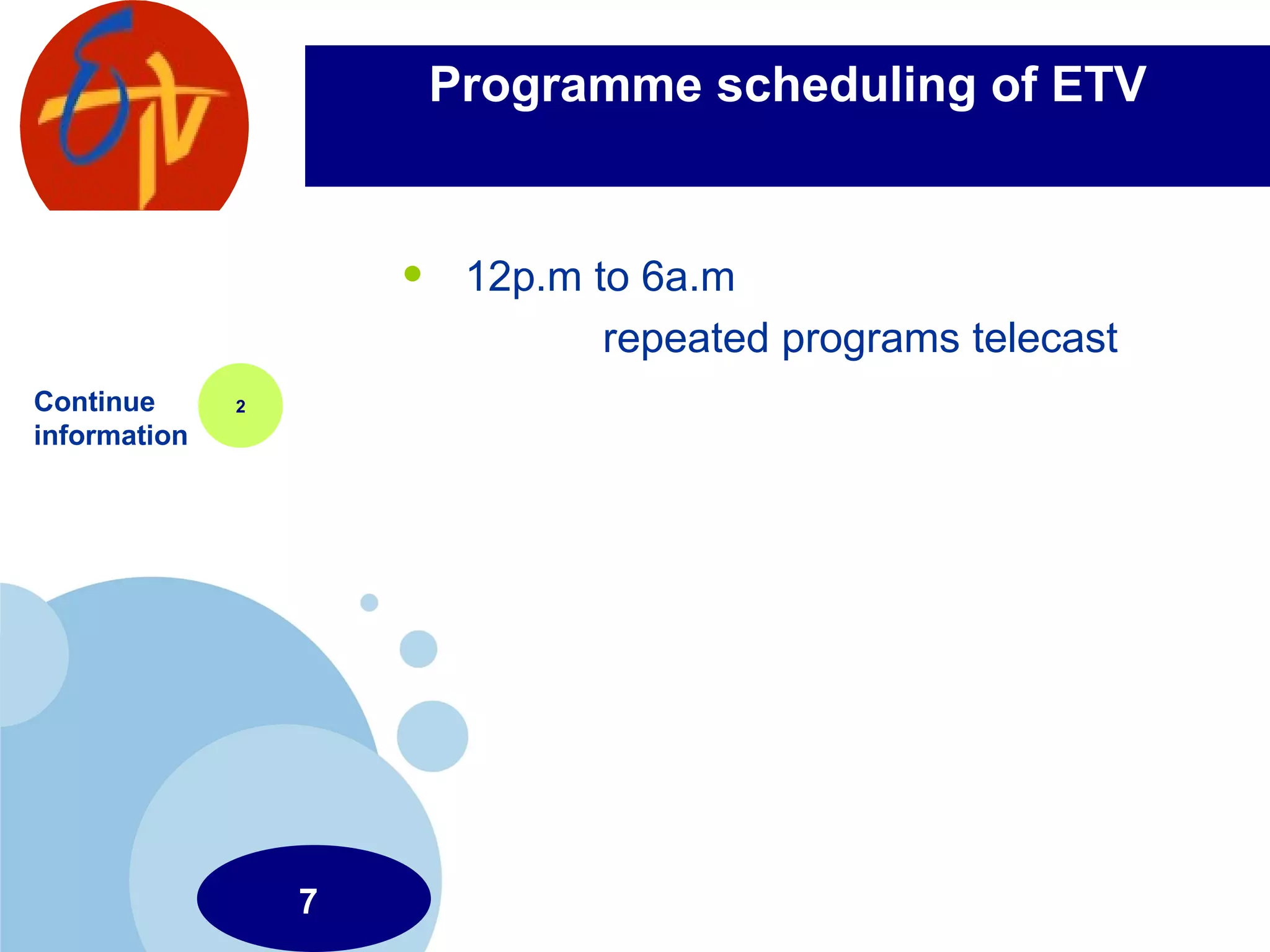 Programme scheduling of ETV 12p.m to 6a.m repeated programs telecast  Continue information 2 7 