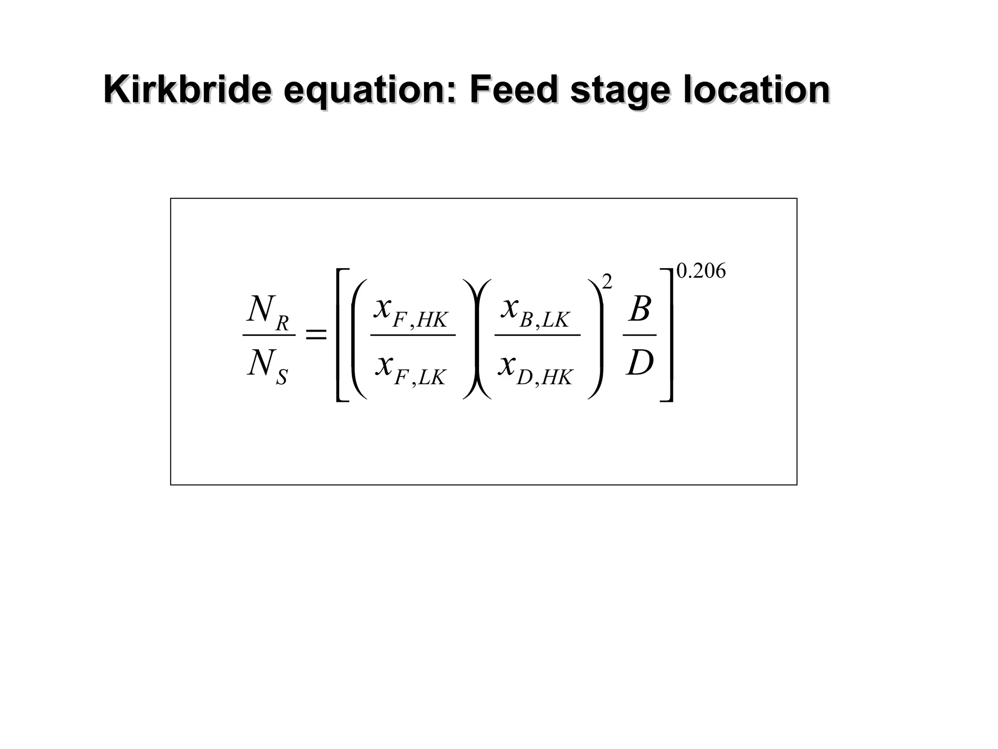 Kirkbride equation: Feed stage location 