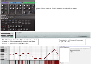 The main features I used on this sound FX device were the cont, cutoff and pitch etc.

Both of these images show the bars of the same instrument, but one of
the images was used to create the sound, whereas the other image
shows how the bars look like when playing it in reaper.

This is box setting that shows what FX options you
can apply to the audio.

 