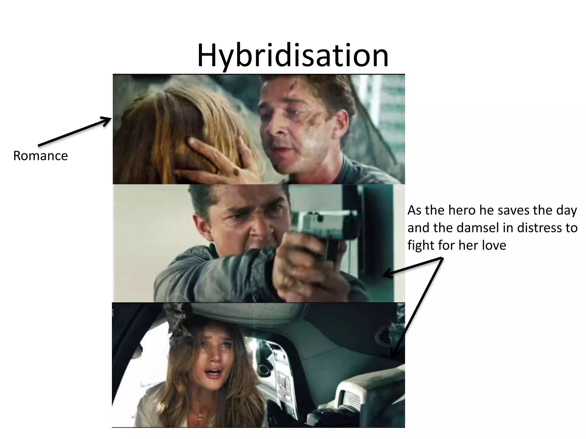 Hybridisation
Romance
As the hero he saves the day
and the damsel in distress to
fight for her love
 