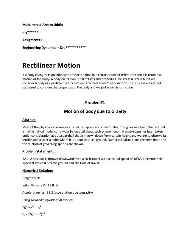 Rectilinear Motion Simple Problems representation scheme