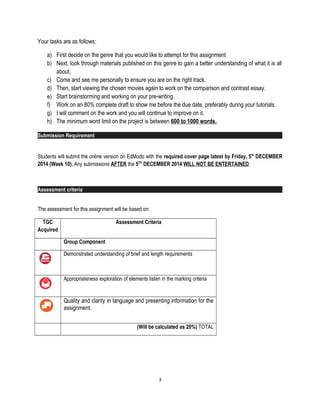 Your tasks are as follows:
a) First decide on the genre that you would like to attempt for this assignment
b) Next, look through materials published on this genre to gain a better understanding of what it is all
about,
c) Come and see me personally to ensure you are on the right track.
d) Then, start viewing the chosen movies again to work on the comparison and contrast essay.
e) Start brainstorming and working on your pre-writing.
f) Work on an 80% complete draft to show me before the due date, preferably during your tutorials.
g) I will comment on the work and you will continue to improve on it.
h) The minimum word limit on the project is between 600 to 1000 words.
Submission Requirement
Students will submit the online version on EdModo with the required cover page latest by Friday, 5th
DECEMBER
2014 (Week 10). Any submissions AFTER the 5TH
DECEMBER 2014 WILL NOT BE ENTERTAINED.
Assessment criteria
The assessment for this assignment will be based on:
TGC
Acquired
Assessment Criteria
Group Component
Demonstrated understanding of brief and length requirements
Appropriateness exploration of elements listen in the marking criteria
Quality and clarity in language and presenting information for the
assignment.
(Will be calculated as 20%) TOTAL
3
 