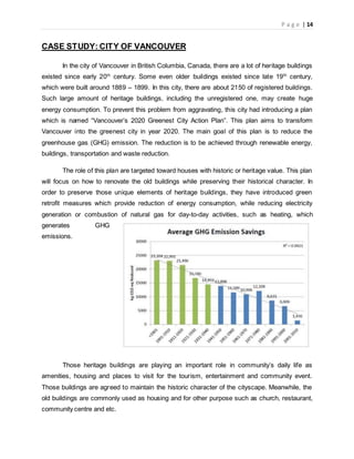 P a g e | 14
CASE STUDY: CITY OF VANCOUVER
In the city of Vancouver in British Columbia, Canada, there are a lot of heritage buildings
existed since early 20th
century. Some even older buildings existed since late 19th
century,
which were built around 1889 – 1899. In this city, there are about 2150 of registered buildings.
Such large amount of heritage buildings, including the unregistered one, may create huge
energy consumption. To prevent this problem from aggravating, this city had introducing a plan
which is named “Vancouver’s 2020 Greenest City Action Plan”. This plan aims to transform
Vancouver into the greenest city in year 2020. The main goal of this plan is to reduce the
greenhouse gas (GHG) emission. The reduction is to be achieved through renewable energy,
buildings, transportation and waste reduction.
The role of this plan are targeted toward houses with historic or heritage value. This plan
will focus on how to renovate the old buildings while preserving their historical character. In
order to preserve those unique elements of heritage buildings, they have introduced green
retrofit measures which provide reduction of energy consumption, while reducing electricity
generation or combustion of natural gas for day-to-day activities, such as heating, which
generates GHG
emissions.
Those heritage buildings are playing an important role in community’s daily life as
amenities, housing and places to visit for the tourism, entertainment and community event.
Those buildings are agreed to maintain the historic character of the cityscape. Meanwhile, the
old buildings are commonly used as housing and for other purpose such as church, restaurant,
community centre and etc.
 
