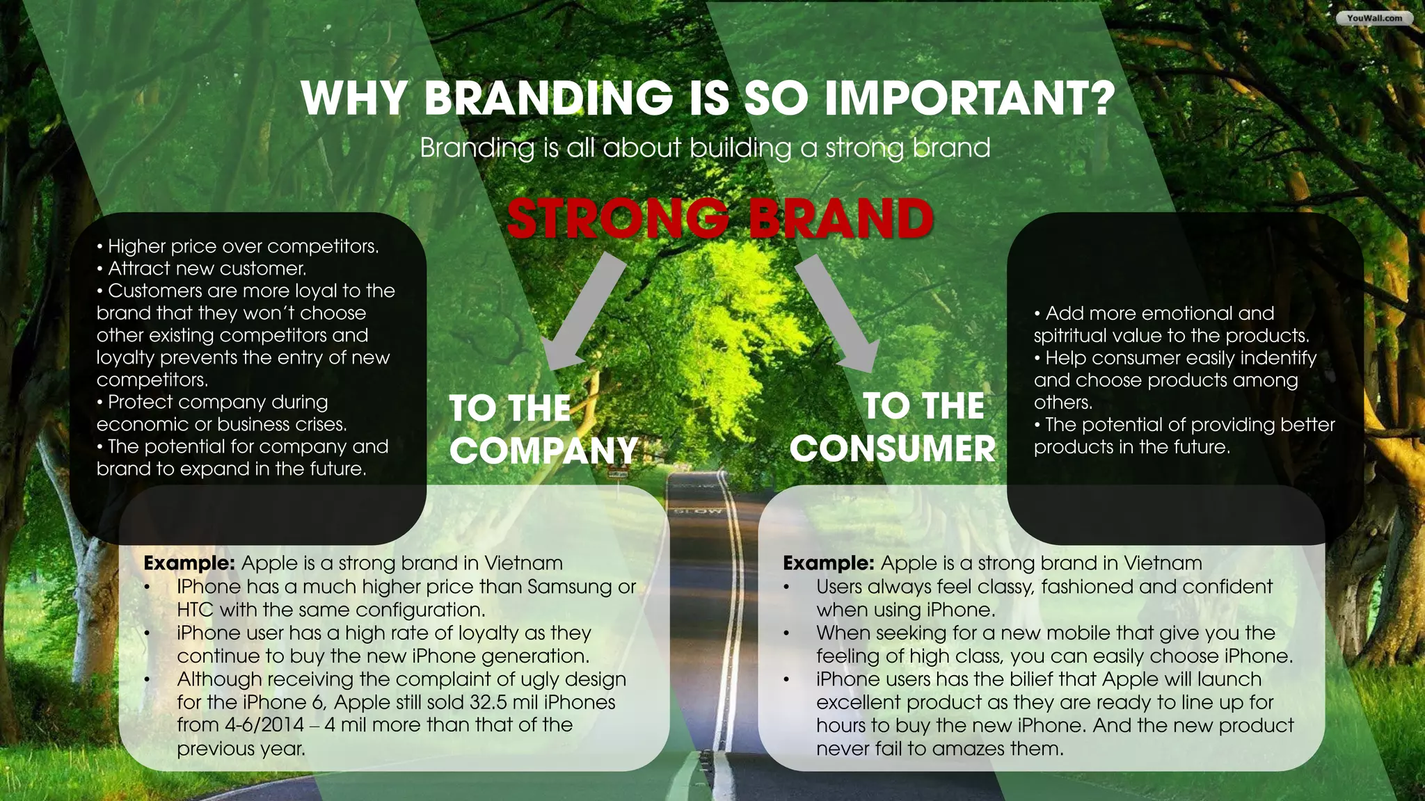 Example: Apple is a strong brand in Vietnam
• IPhone has a much higher price than Samsung or
HTC with the same configuration.
• iPhone user has a high rate of loyalty as they
continue to buy the new iPhone generation.
• Although receiving the complaint of ugly design
for the iPhone 6, Apple still sold 32.5 mil iPhones
from 4-6/2014 – 4 mil more than that of the
previous year.
• Higher price over competitors.
• Attract new customer.
• Customers are more loyal to the
brand that they won’t choose
other existing competitors and
loyalty prevents the entry of new
competitors.
• Protect company during
economic or business crises.
• The potential for company and
brand to expand in the future.
Example: Apple is a strong brand in Vietnam
• Users always feel classy, fashioned and confident
when using iPhone.
• When seeking for a new mobile that give you the
feeling of high class, you can easily choose iPhone.
• iPhone users has the bilief that Apple will launch
excellent product as they are ready to line up for
hours to buy the new iPhone. And the new product
never fail to amazes them.
• Add more emotional and
spitritual value to the products.
• Help consumer easily indentify
and choose products among
others.
• The potential of providing better
products in the future.
WHY BRANDING IS SO IMPORTANT?
TO THE
COMPANY
TO THE
CONSUMER
Branding is all about building a strong brand
STRONG BRAND
 