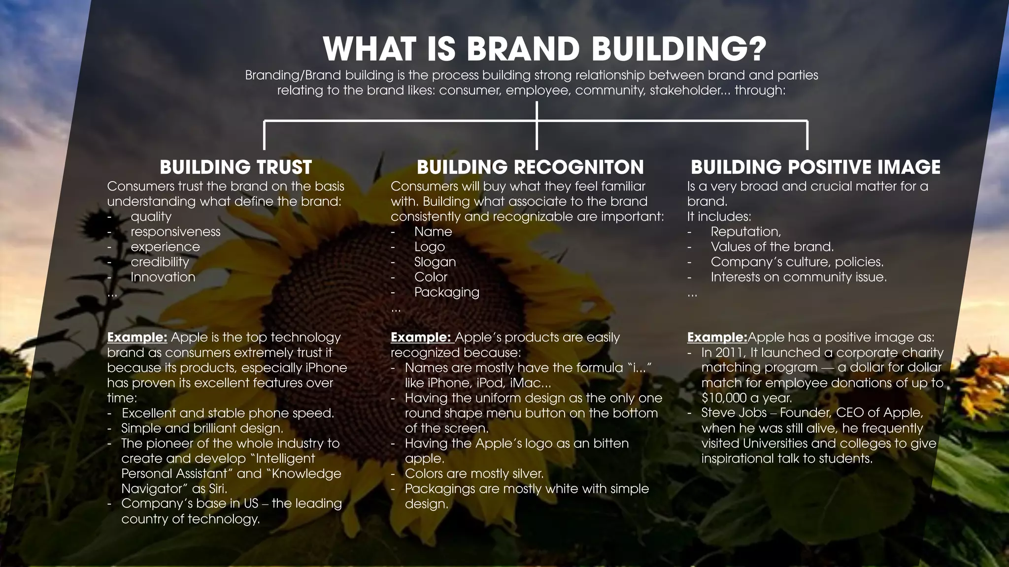 WHAT IS BRAND BUILDING?
Branding/Brand building is the process building strong relationship between brand and parties
relating to the brand likes: consumer, employee, community, stakeholder... through:
BUILDING TRUST
Consumers trust the brand on the basis
understanding what define the brand:
- quality
- responsiveness
- experience
- credibility
- Innovation
...
Example: Apple is the top technology
brand as consumers extremely trust it
because its products, especially iPhone
has proven its excellent features over
time:
- Excellent and stable phone speed.
- Simple and brilliant design.
- The pioneer of the whole industry to
create and develop “Intelligent
Personal Assistant” and “Knowledge
Navigator” as Siri.
- Company’s base in US – the leading
country of technology.
BUILDING RECOGNITON
Consumers will buy what they feel familiar
with. Building what associate to the brand
consistently and recognizable are important:
- Name
- Logo
- Slogan
- Color
- Packaging
...
Example: Apple’s products are easily
recognized because:
- Names are mostly have the formula “i...”
like iPhone, iPod, iMac...
- Having the uniform design as the only one
round shape menu button on the bottom
of the screen.
- Having the Apple’s logo as an bitten
apple.
- Colors are mostly silver.
- Packagings are mostly white with simple
design.
BUILDING POSITIVE IMAGE
Is a very broad and crucial matter for a
brand.
It includes:
- Reputation,
- Values of the brand.
- Company’s culture, policies.
- Interests on community issue.
...
Example:Apple has a positive image as:
- In 2011, It launched a corporate charity
matching program — a dollar for dollar
match for employee donations of up to
$10,000 a year.
- Steve Jobs – Founder, CEO of Apple,
when he was still alive, he frequently
visited Universities and colleges to give
inspirational talk to students.
 