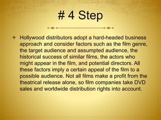 # 4 Step
 Hollywood distributors adopt a hard-headed business
approach and consider factors such as the film genre,
the target audience and assumpted audience, the
historical success of similar films, the actors who
might appear in the film, and potential directors. All
these factors imply a certain appeal of the film to a
possible audience. Not all films make a profit from the
theatrical release alone, so film companies take DVD
sales and worldwide distribution rights into account.
 