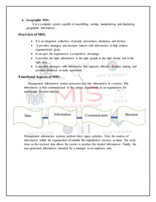 6. Geographic MIS:
It is a computer system capable of assembling, storing, manipulating and displaying
geographic information.
Overview of MIS:
 It is an integrated collection of people, procedures, databases, and devices.
 It provides managers and decision makers with information to help achieve
organizational goals.
 It can give the organization a competitive advantage.
 It provides the right information to the right people in the right format and at the
right time.
 It provides managers with information that supports effective decision making and
provides feedback on daily operations.
Functional Aspects of MIS:
Management information system processes data into information in a system. This
information is then communicated to the various departments in an organization for
appropriate decision-making.
Management information systems perform three major activities. First, the sources of
information within the organization or outside the organization receives as input. The work
done on the received data allows the system to produce the desired information. Finally, the
user-generated information intended for a manager or an employee puts.
Data Information Communication Decision
 