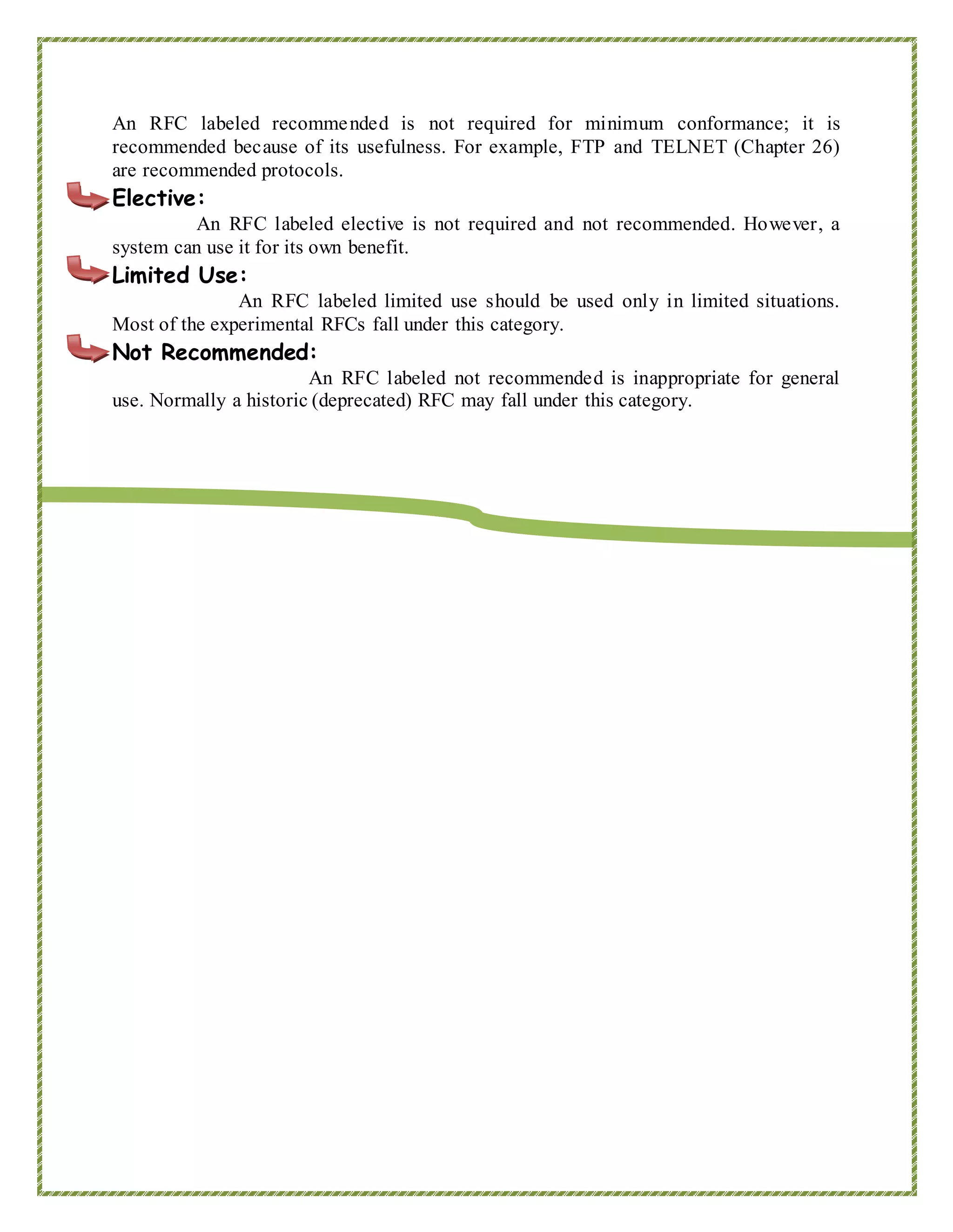 An RFC labeled recommended is not required for minimum conformance; it is
recommended because of its usefulness. For example, FTP and TELNET (Chapter 26)
are recommended protocols.
Elective:
An RFC labeled elective is not required and not recommended. However, a
system can use it for its own benefit.
Limited Use:
An RFC labeled limited use should be used only in limited situations.
Most of the experimental RFCs fall under this category.
Not Recommended:
An RFC labeled not recommended is inappropriate for general
use. Normally a historic (deprecated) RFC may fall under this category.
 