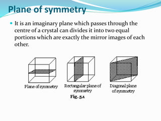 Plane of symmetry
 It is an imaginary plane which passes through the
centre of a crystal can divides it into two equal
portions which are exactly the mirror images of each
other.
 