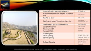 Length of main concrete gravity dam 1210.00 m
Maximum height above deepest foundation
level
163.00 m
Top R.L. of dam. 146.50 m
Catchments area of river above dam site 88,000 Sq. km
Live storage capacity 0.5860M.Ha.m (4.75 MAF)
Length of reservoir
Maximum width
Average Width
214.00 km
16.10 km
1.77 km
Spillway gates
Chute Spillway
Service Spillway
7 Nos. 60' x 60'
23 Nos. 60' x 55'
Spillway Capacity
87000 cumecs
(30.70 lakh
cusecs)
HEMANTKUMAR NARENDRABHAI MALPURE - FYBCOM - SEM 1 – ENVIRONMENTAL STUDIES – ASSIGNMENT 1 – SARDAR SAROVAR DAM
 