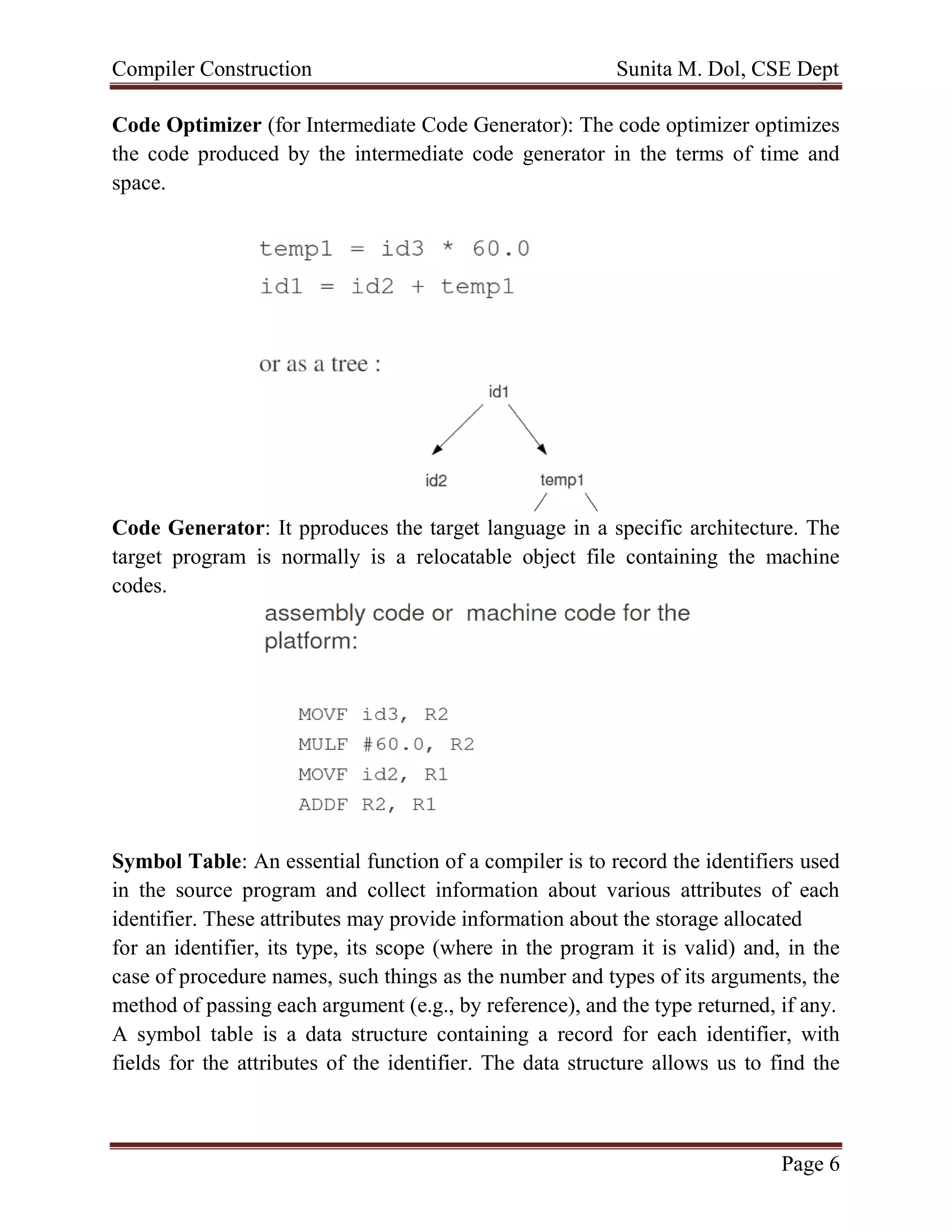 Compiler Construction Sunita M. Dol, CSE Dept
Page 6
Code Optimizer (for Intermediate Code Generator): The code optimizer optimizes
the code produced by the intermediate code generator in the terms of time and
space.
Code Generator: It pproduces the target language in a specific architecture. The
target program is normally is a relocatable object file containing the machine
codes.
Symbol Table: An essential function of a compiler is to record the identifiers used
in the source program and collect information about various attributes of each
identifier. These attributes may provide information about the storage allocated
for an identifier, its type, its scope (where in the program it is valid) and, in the
case of procedure names, such things as the number and types of its arguments, the
method of passing each argument (e.g., by reference), and the type returned, if any.
A symbol table is a data structure containing a record for each identifier, with
fields for the attributes of the identifier. The data structure allows us to find the
 
