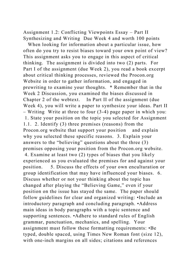 Assignment 1.2 Conflicting Viewpoints Essay – Part II Synthesizing