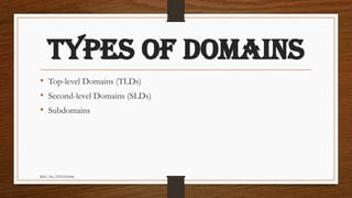 REG. No. 23321351006
TYPES OF DOMAINS
• Top-level Domains (TLDs)
• Second-level Domains (SLDs)
• Subdomains
 