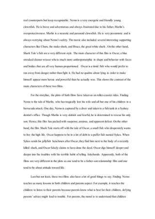 real counterparts but keep recognizable. Nemo is a very energetic and friendly young
clownfish. He is brave and adventurous and always frustrated due to his father,Marlin’s
overprotectiveness. Marlin is a neurotic and paranoid clownfish. He is very pessimistic and is
always worrying about Nemo’s safety. The movie also included severalinteresting supporting
characters like Chum, the mako shark, and Bruce,the great white shark . On the other hand,
Shark Tale’s fish are a very different style. The main character of this film is Oscar, a blue
streaked cleaner wrasse who is much more anthropomorphic in shape and behavior with faces
and bodies that are all very human-proportioned. Oscar is a timid fish who would prefer to
run away from danger rather than fight it. He had no qualms about lying in order to make
himself appear more heroic and powerful than he actually was. This shows the contrast of the
main characters of these two films.
For the storyline, the plots of both films have taken us on roller-coaster rides. Finding
Nemo is the tale of Marlin, who has tragically lost his wife and all but one of his children in a
barracuda attack. One day, Nemo is captured by a diver and taken to a fish tank in a Sydney
dentist's office. Though Marlin is very skittish and fearful, he is determined to rescue his only
son. Hence, this film has packed with suspense,anxious, and apparent defeat. On the other
hand, the film Shark Tale starts off with the tale of Oscar, a small fish who desperately wants
to live the high life. Oscar happens to be in a lot of debt to a puffer fish named Sykes. When
Sykes sends his jellyfish henchmen after Oscar,they find him next to the body of a recently
killed shark, and Oscar falsely claims to have done the deed. Oscar digs himself deeper and
deeper into his troubles with his terrible habit of telling falsehoods. Apparently, both of the
films are very different in the plots as one tend to be a father-son relationship film and one
tend to be about attitude toward life.
Last but not least, these two films also have a lot of good things to say. Finding Nemo
teaches us many lessons in both children and parents aspect. For example, it teaches the
children to listen to their parents because parents know what is best for their children, defying
parents’ advice might lead to trouble. For parents, the moral is to understand that children
 