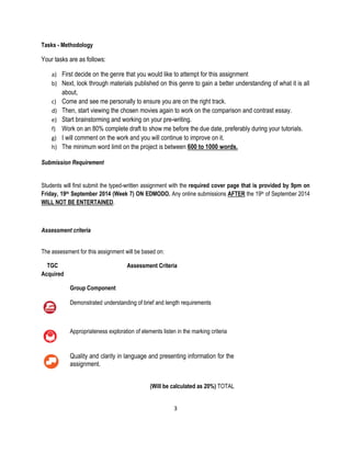 3 
Tasks - Methodology 
Your tasks are as follows: 
a) First decide on the genre that you would like to attempt for this assignment 
b) Next, look through materials published on this genre to gain a better understanding of what it is all about, 
c) Come and see me personally to ensure you are on the right track. 
d) Then, start viewing the chosen movies again to work on the comparison and contrast essay. 
e) Start brainstorming and working on your pre-writing. 
f) Work on an 80% complete draft to show me before the due date, preferably during your tutorials. 
g) I will comment on the work and you will continue to improve on it. 
h) The minimum word limit on the project is between 600 to 1000 words. 
Submission Requirement 
Students will first submit the typed-written assignment with the required cover page that is provided by 9pm on Friday, 19th September 2014 (Week 7) ON EDMODO. Any online submissions AFTER the 19th of September 2014 WILL NOT BE ENTERTAINED. 
Assessment criteria 
The assessment for this assignment will be based on: 
TGC Acquired 
Assessment Criteria 
Group Component 
Demonstrated understanding of brief and length requirements 
Appropriateness exploration of elements listen in the marking criteria 
Quality and clarity in language and presenting information for the assignment. 
(Will be calculated as 20%) TOTAL  