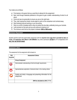 Your tasks are as follows:
a) First decide on the genre that you would like to attempt for this assignment
b) Next, look through materials published on this genre to gain a better understanding of what it is all
about,
c) Come and see me personally to ensure you are on the right track.
d) Then, start viewing the chosen movies again to work on the comparison and contrast essay.
e) Start brainstorming and working on your pre-writing.
f) Work on an 80% complete draft to show me before the due date, preferably during your tutorials.
g) I will comment on the work and you will continue to improve on it.
h) The minimum word limit on the project is between 600 to 1000 words.
Submission Requirement
Students will first submit the typed-written assignment with the required cover page that is provided by 9pm on
Friday, 19th
September 2014 (Week 7) ON EDMODO. Any online submissions AFTER the 19th
of September 2014
WILL NOT BE ENTERTAINED.
Assessment criteria
The assessment for this assignment will be based on:
TGC
Acquired
Assessment Criteria
Group Component
Demonstrated understanding of brief and length requirements
Appropriateness exploration of elements listen in the marking criteria
Quality and clarity in language and presenting information for the
assignment.
(Will be calculated as 20%) TOTAL
3
 