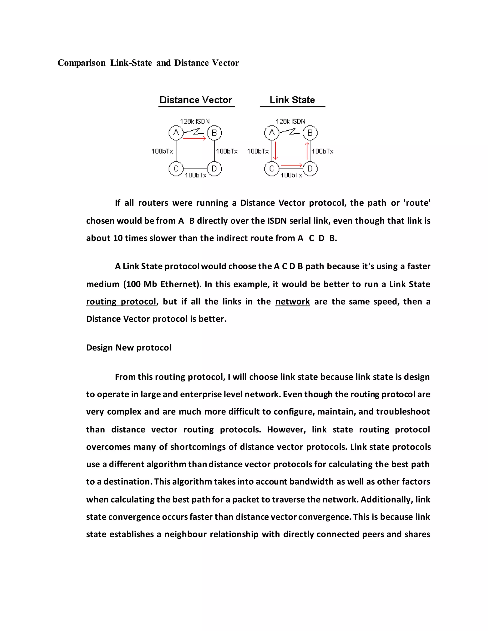 Comparison Link-State and Distance Vector
If all routers were running a Distance Vector protocol, the path or 'route'
chosen would be from A B directly over the ISDN serial link, even though that link is
about 10 times slower than the indirect route from A C D B.
A Link State protocolwould choose the A C D B path because it's using a faster
medium (100 Mb Ethernet). In this example, it would be better to run a Link State
routing protocol, but if all the links in the network are the same speed, then a
Distance Vector protocol is better.
Design New protocol
From this routing protocol, I will choose link state because link state is design
to operate in large and enterprise level network. Even though the routing protocol are
very complex and are much more difficult to configure, maintain, and troubleshoot
than distance vector routing protocols. However, link state routing protocol
overcomes many of shortcomings of distance vector protocols. Link state protocols
use a different algorithm than distance vector protocols for calculating the best path
to a destination. This algorithm takes into account bandwidth as well as other factors
when calculating the best path for a packet to traverse the network. Additionally, link
state convergence occurs faster than distance vectorconvergence. This is because link
state establishes a neighbour relationship with directly connected peers and shares
 
