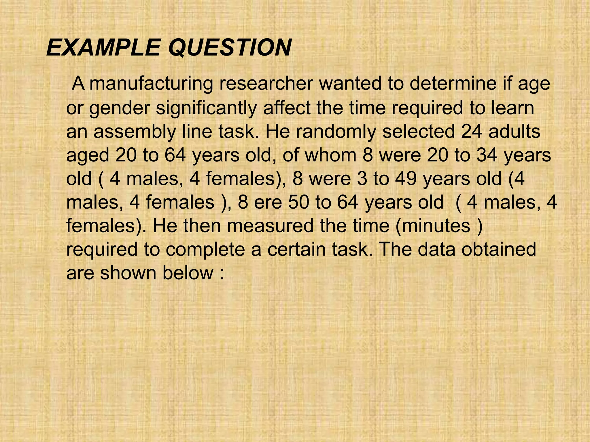 EXAMPLE QUESTION
A manufacturing researcher wanted to determine if age
or gender significantly affect the time required to learn
an assembly line task. He randomly selected 24 adults
aged 20 to 64 years old, of whom 8 were 20 to 34 years
old ( 4 males, 4 females), 8 were 3 to 49 years old (4
males, 4 females ), 8 ere 50 to 64 years old ( 4 males, 4
females). He then measured the time (minutes )
required to complete a certain task. The data obtained
are shown below :
 