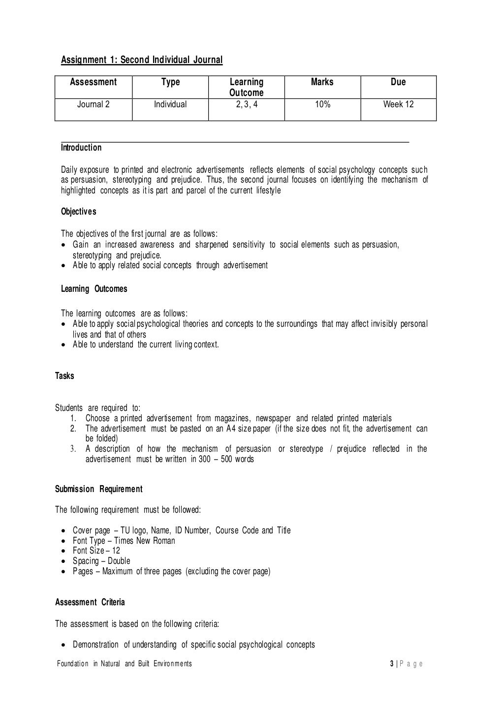 PSYCHOLOGY ASSIGNMENT #1 BRIEF - INDIVIDUAL JOURNAL