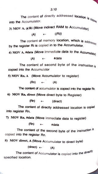 3.10
The content of directly addressed location
is copied
into the Accumulator.
3) MOV A. @Ri (Move indirect RAM to Accumulatol
((Ri)
ator)
(A)
The content of memory location, which is
ddressed
by the register Ri is copied in to the Accumulato.
Accumulato
4) MOV A, #data (Move immediate data to the Accumula
(A) #data
The content of second byte of the instruction is
copied into the Accumulator
5) MOV Rn. A (Move Accumulator to register)
(Rn) (A)
The content of accumulator is copied into the register Rn.
6) MOV Rn, direct (Move direct byte to Register)
(Rn) (direct)
The content of directly addressed location is copie0
into register Rn.
7) MOV Rn, #data (Move immediate data to register)
(Rn) #data
is
The content of the second byte of the instrucio
copied into the register Rn.
8) MOV direct, A (Move Accumulator to direct byte)
(direct) (A)
The content of Accumulator is copied into the
directly
specified location.
 