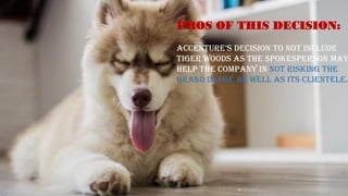 PROS OF THIS DECISION:
ACCENTURE’S DECISION TO NOT INCLUDE
TIGER WOODS AS THE SPOKESPERSON MAY
HELP THE COMPANY IN NOT RISKING THE
BRAND IMAGE AS WELL AS ITS CLIENTELE.
 