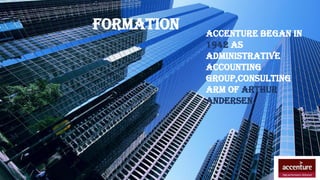 ACCENTURE BEGAN IN
1942 AS
ADMINISTRATIVE
ACCOUNTING
GROUP,CONSULTING
ARM OF ARTHUR
ANDERSEN.
FORMATION
 
