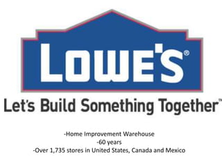 -Home Improvement Warehouse
-60 years
-Over 1,735 stores in United States, Canada and Mexico
 