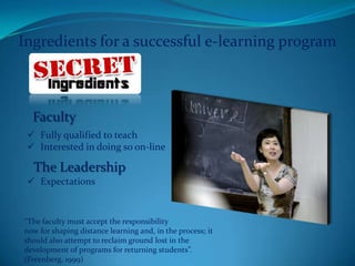 Ingredients for a successful e-learning programFacultyFully qualified to teach