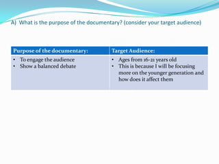 A) What is the purpose of the documentary? (consider your target audience)
Purpose of the documentary: Target Audience:
• To engage the audience
• Show a balanced debate
• Ages from 16-21 years old
• This is because I will be focusing
more on the younger generation and
how does it affect them
 